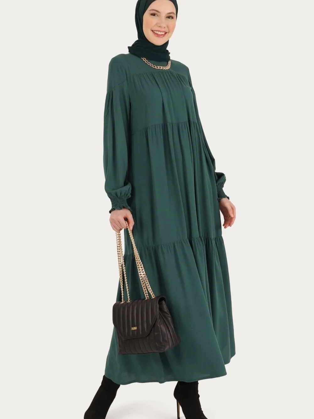 Forest Green Tiered Maxi Dress with Long Sleeves - Picture 2 of 8